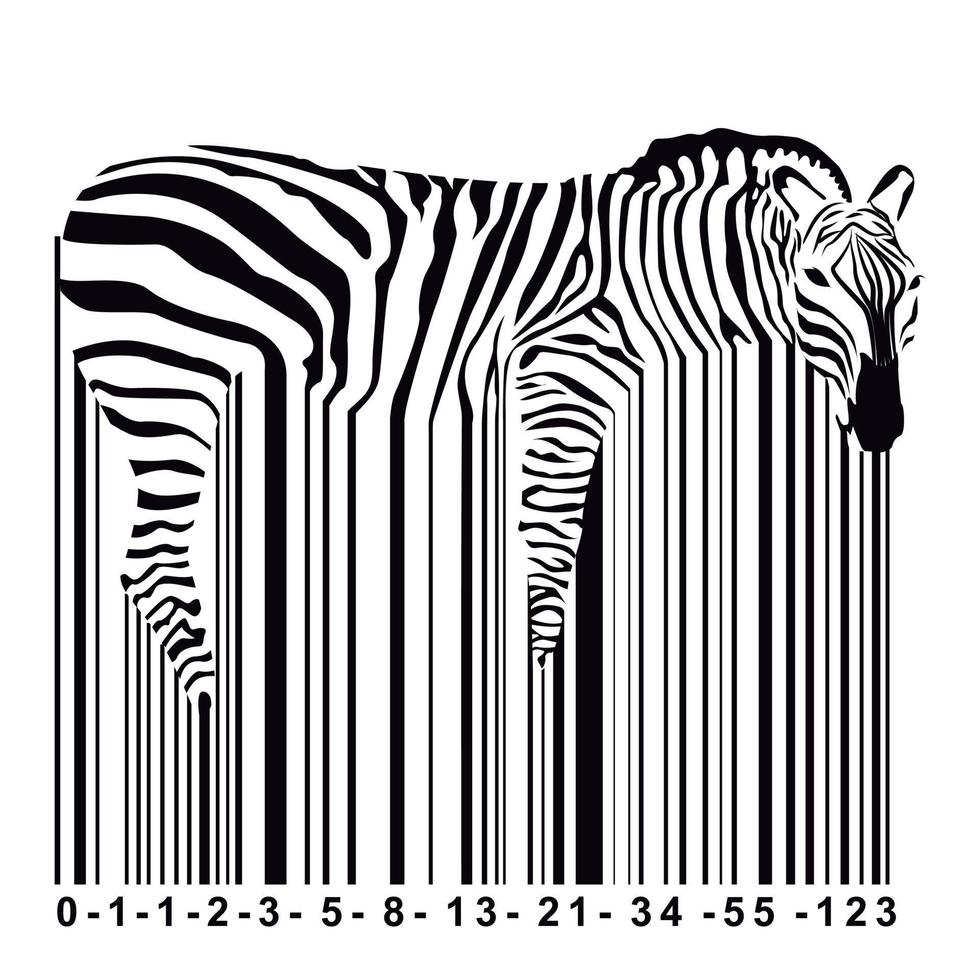 design for t-shirt of a zebra mixed with a barcode. finbonacci code numbering vector