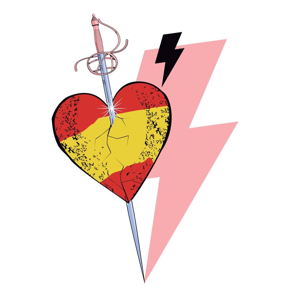 T-shirt design of a heart with the colors of Spain pierced by a sword and the symbol of thunder. Illustration about Spanish nationalism, vector