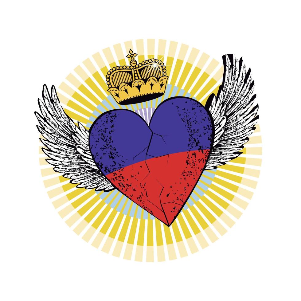 T-shirt design of a winged heart with the colors of the flag of the Principality of Lichtenstein isolated on white vector