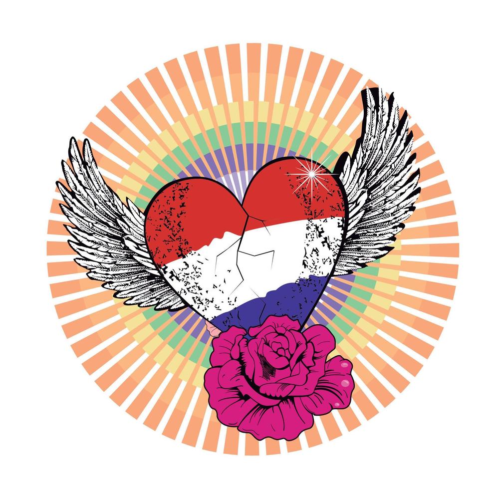 T-shirt design of a winged heart with the colors of the flag of the Netherlands and a pink flower. Vector illustration for gay pride day.