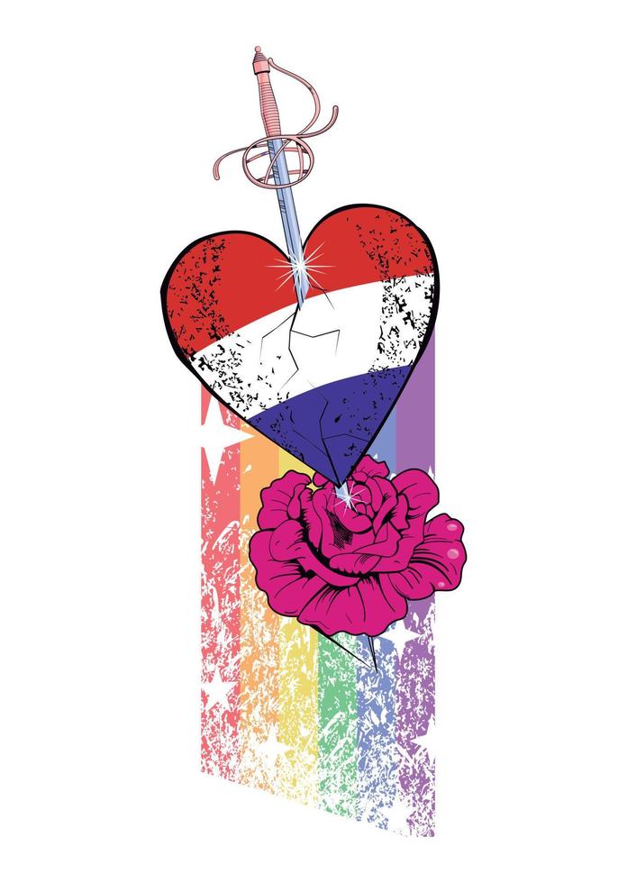 T-shirt design of a winged heart with the colors of the Netherlands flag, a sword and a pink flower. Vector illustration for gay pride day.