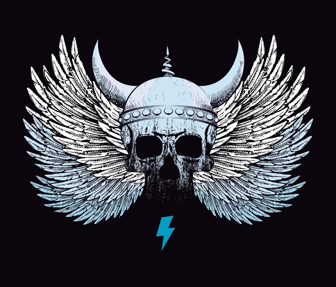 T-shirt design of a Viking skull with wings and the symbol of thunderbolt. vector