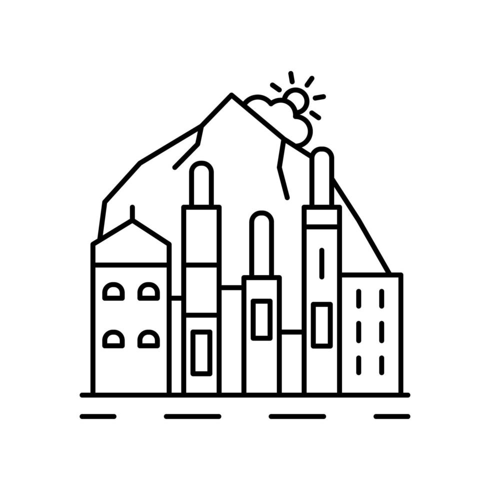 industrial edificio cerca el montañas línea, contorno vector firmar, lineal estilo pictograma vector icono
