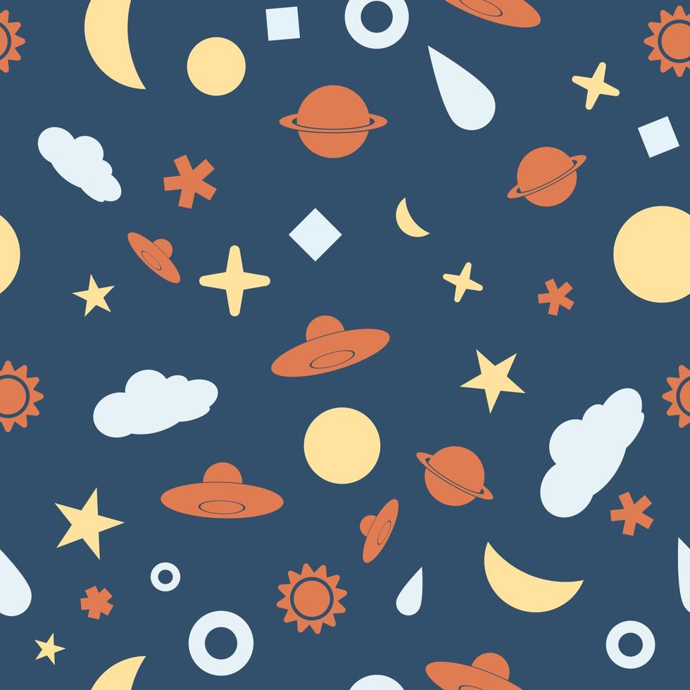 pattern of a sky at night with ufo,star,cloud,sun,moon,saturn,rain drop,half moon,ice and geometry in white,orange,yellow and dark blue background element, Vector