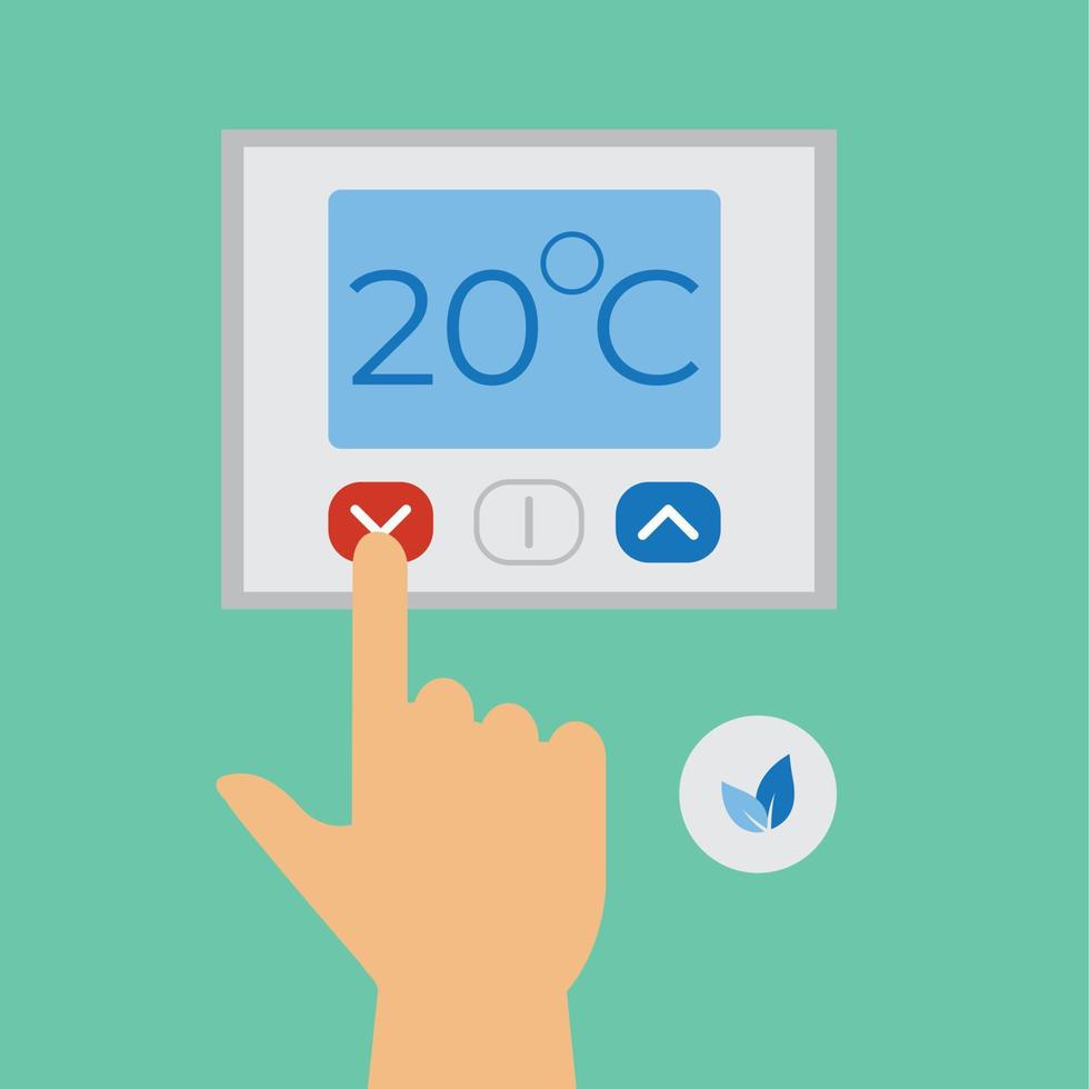 Electronic thermostat with screen for floor heating. The person's hand presses the temperature and climate control button. isolated vector illustration