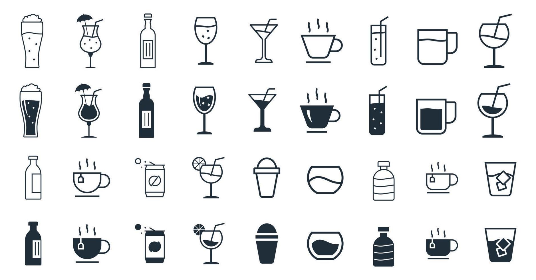 Drink Icons Vector illustration set. Tea, Coffee, Cocoa, Cups, bottle, glass, and more