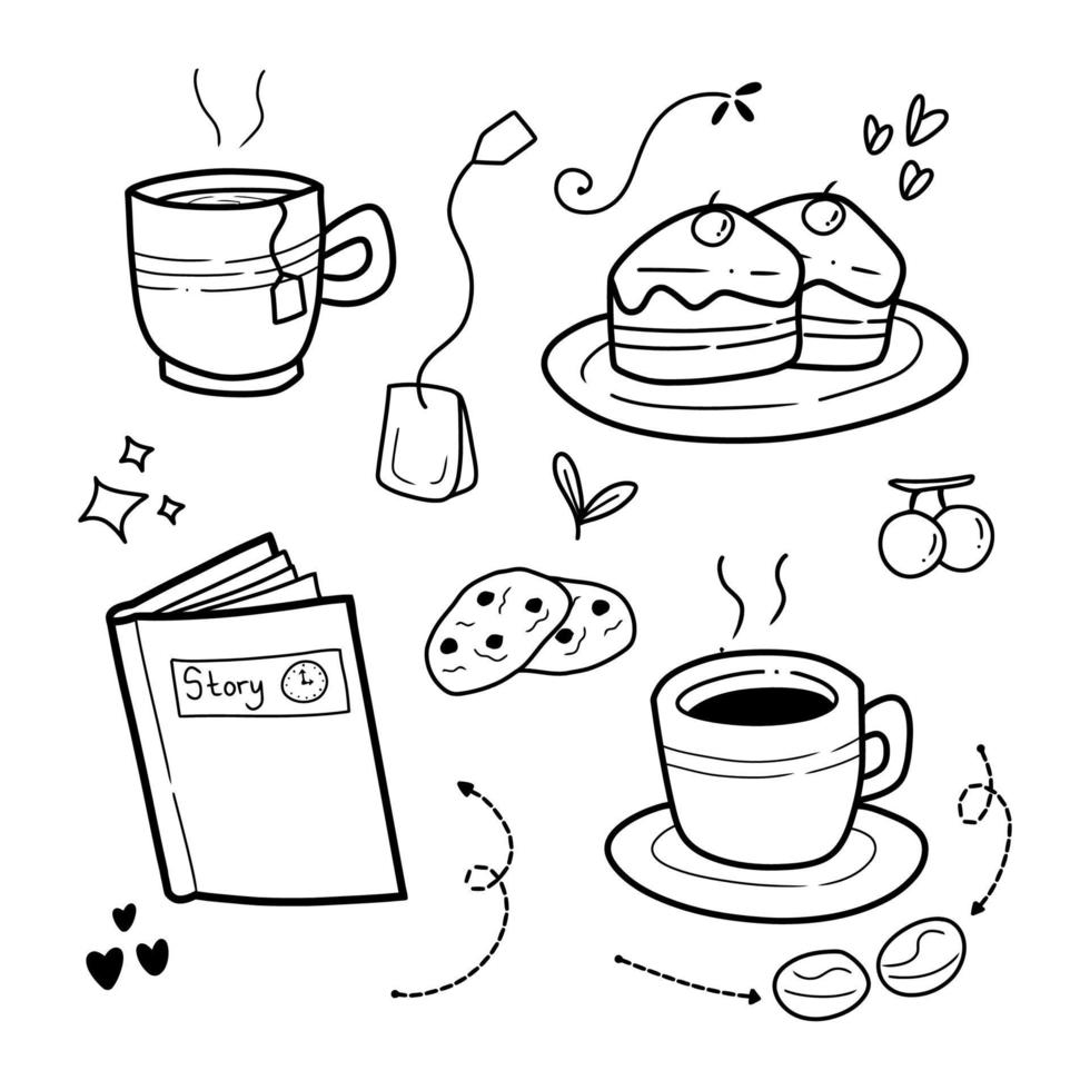 doodle art of coffee, tea, book and cake vector