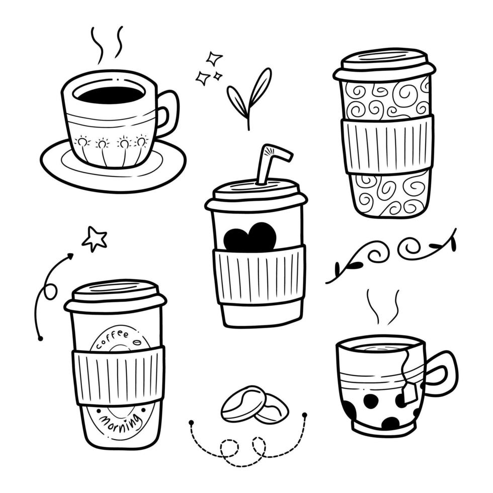 Set of tea and coffee vector illustration in different container with black hand drawn style isolated on white background