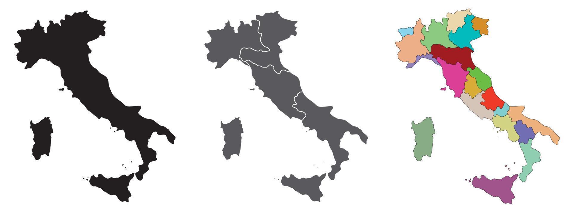 Italy map set with black, grey, and administrative regions multicolor. Transparent background vector