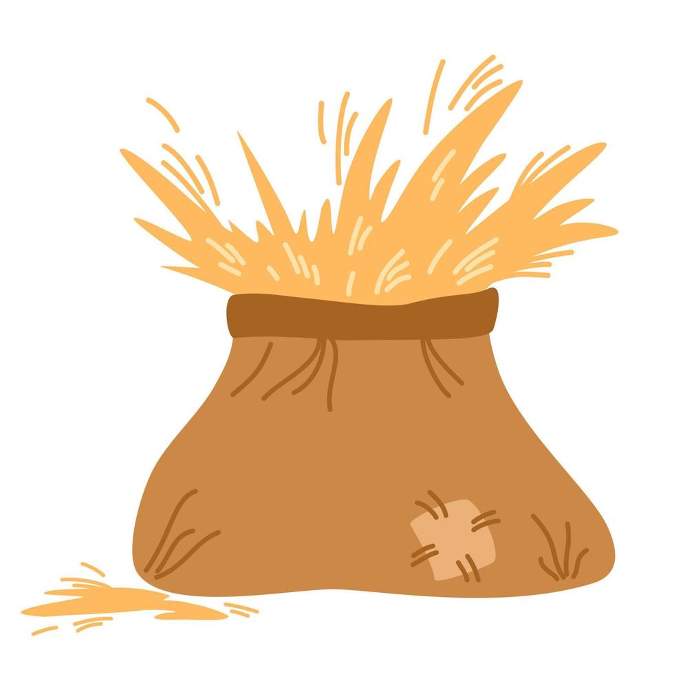 Bag of hay. Rural agricultural hay, dried fodder straw and hay bag. Dry grass, farm fodder bundles. Vector cartoon illustration isolated on the white background.