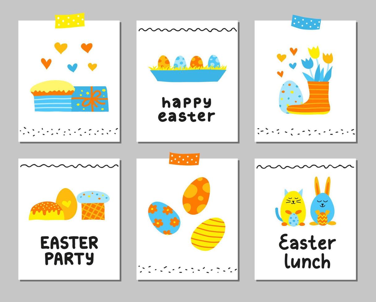 conjunto de tarjetas con Pascua de Resurrección íconos y letras. vector