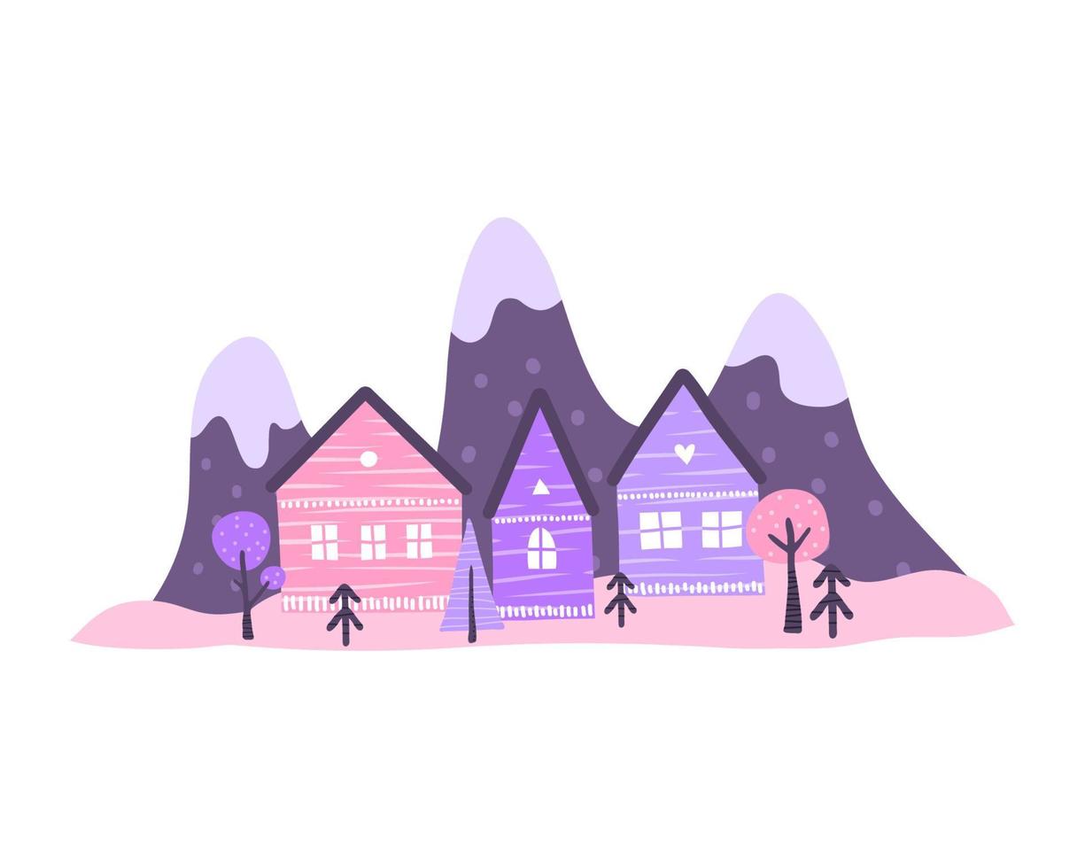 Group of doodle houses, mountains and trees. vector