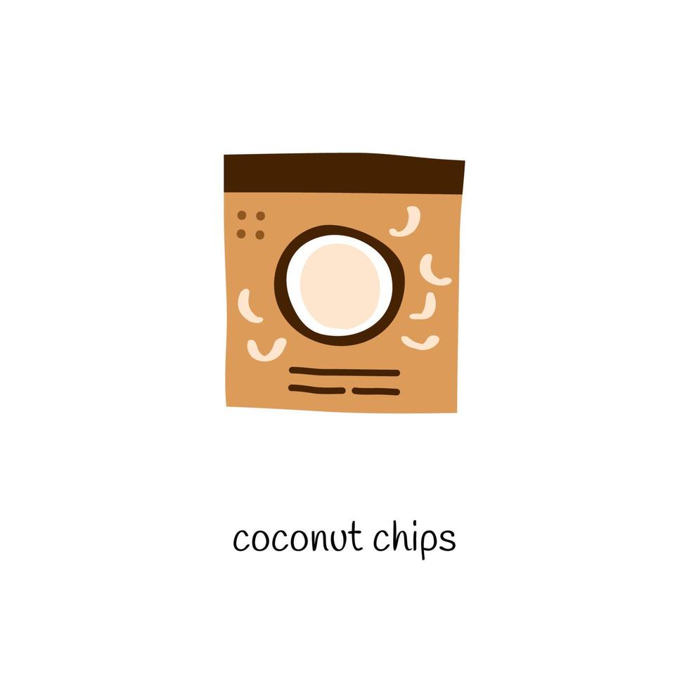 Doodle coconut chips in pack. vector