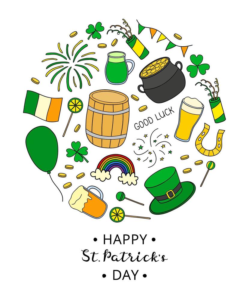 Hand drawn items for Saint patrick s day in circle. vector