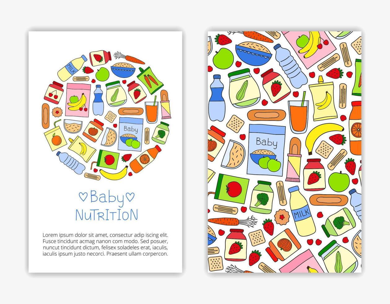 plantillas de tarjetas con alimentos para bebés dibujados a mano. vector