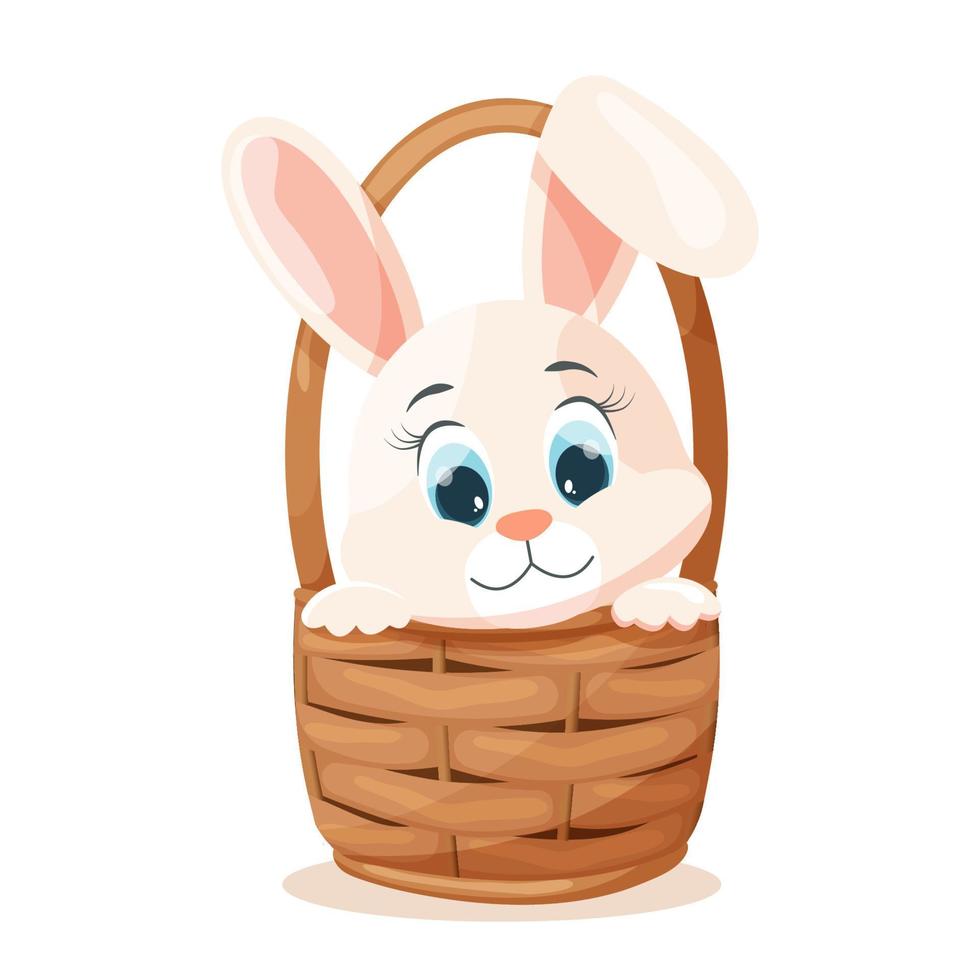 Easter card, cute rabbit in a wicker basket on a transparent background. Baby print, illustration, vector