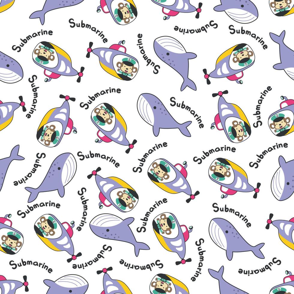 Seamless pattern of submarine with cute sailor under sea. Cute Marine pattern vector