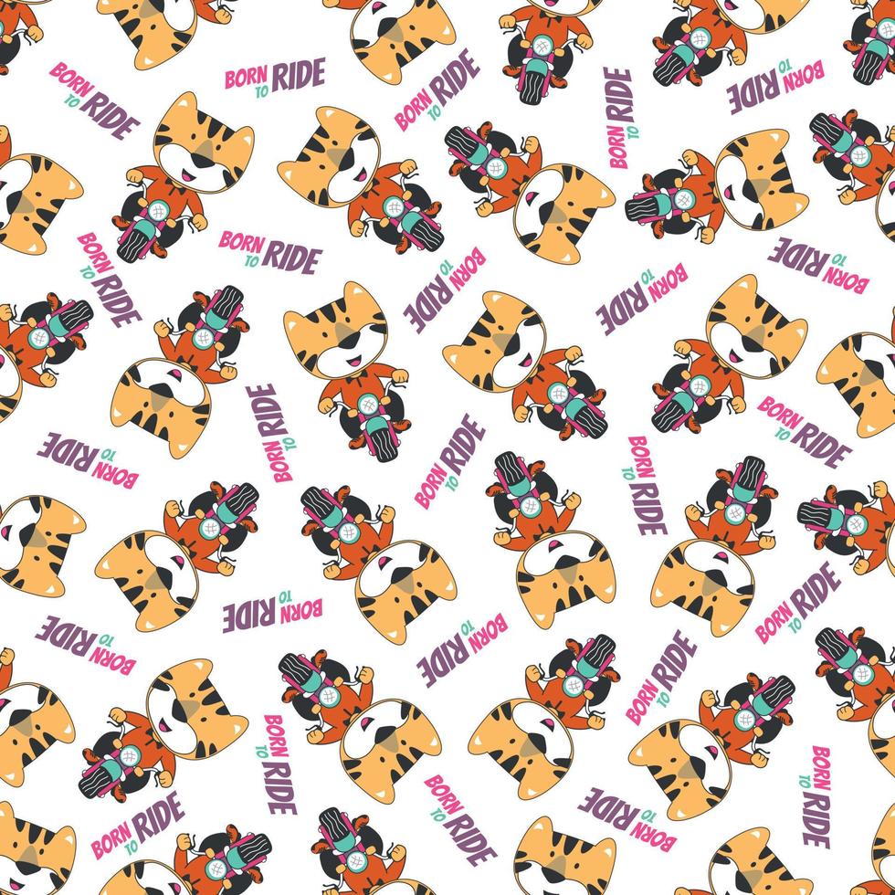 Seamless pattern texture with Cute little animal Riding motorcycle, Cartoon Vector Icon Illustration.