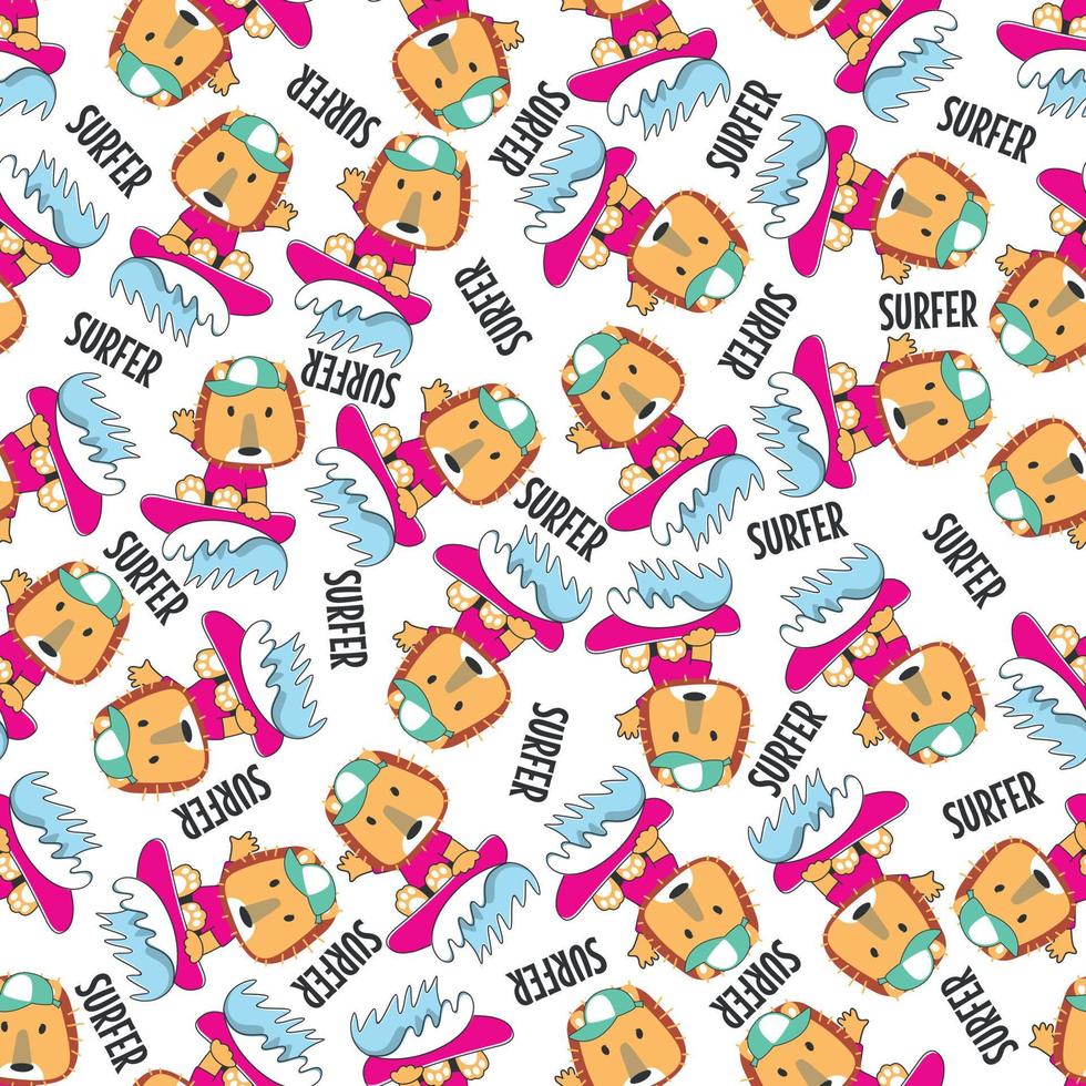 Seamless pattern of cute little animal with a surfboard, Can be used for t-shirt print, and other decoration. vector