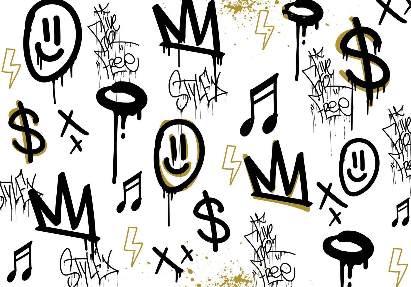 Seamless graffiti art illustration pattern. Graffiti background with throw-up and tagging hand-drawn style. Street art graffiti urban theme for prints, banners, and textiles in vector format.