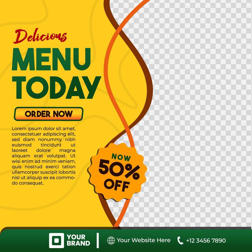 The social media template, in yellow, brown, and green gradients, is perfect for your restaurant's social media post content needs. vector