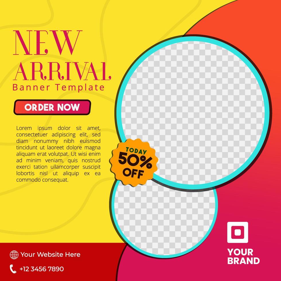 The social media template, in yellow, red, and blue colors, is perfect for your restaurant's social media post content needs vector