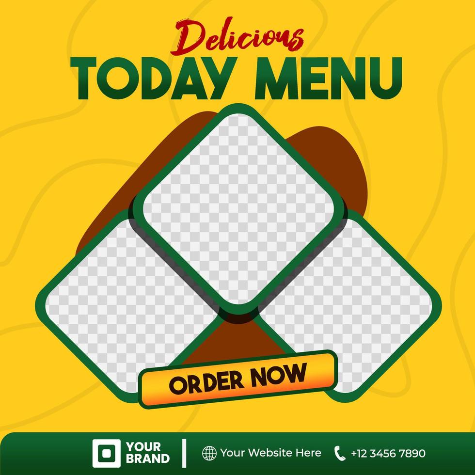 The social media template, in yellow, brown, and green gradients, is perfect for your restaurant's social media post content needs. vector