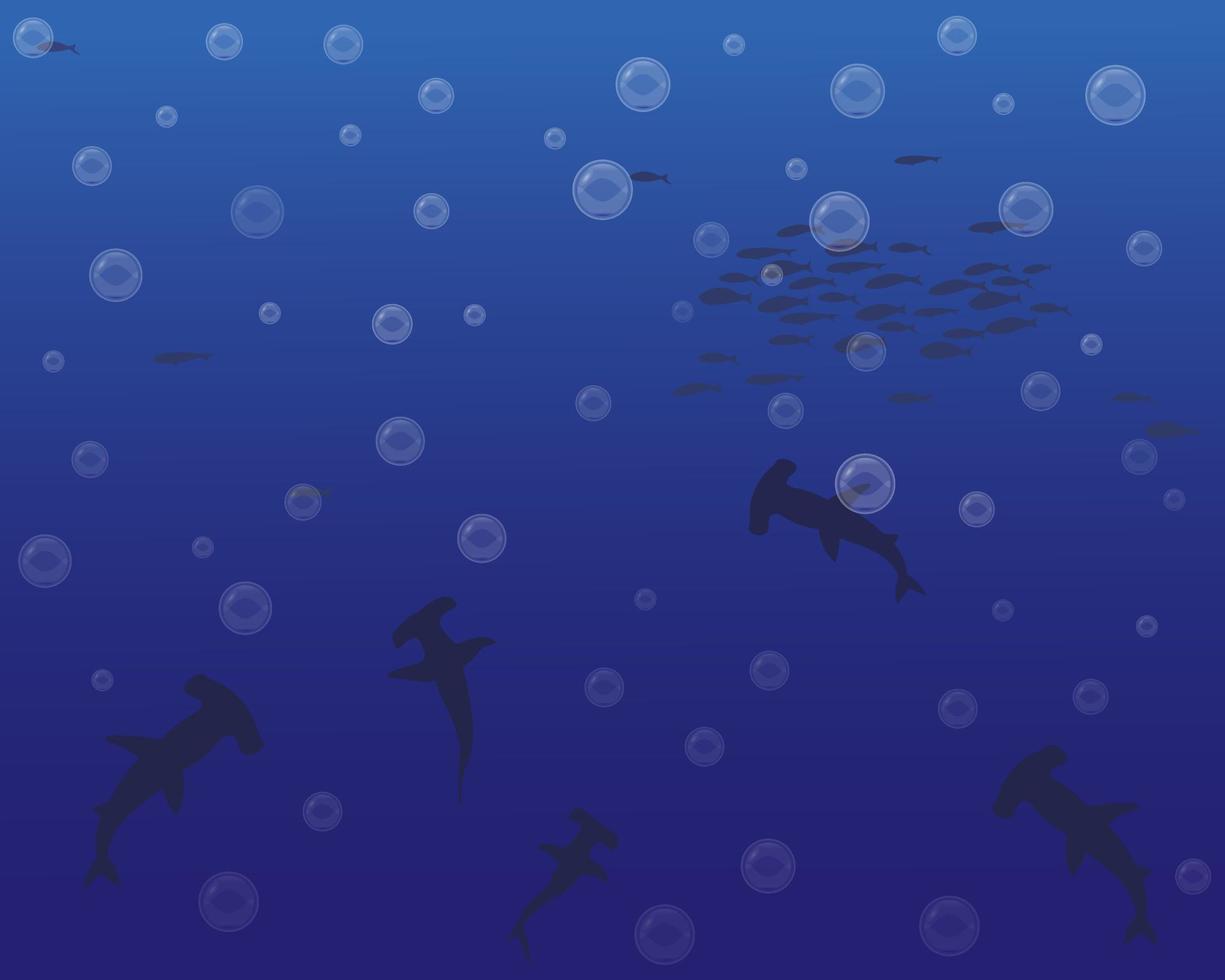 Vector landscape with silhouettes of the seabed with different types of fish and bubbles for background or banners