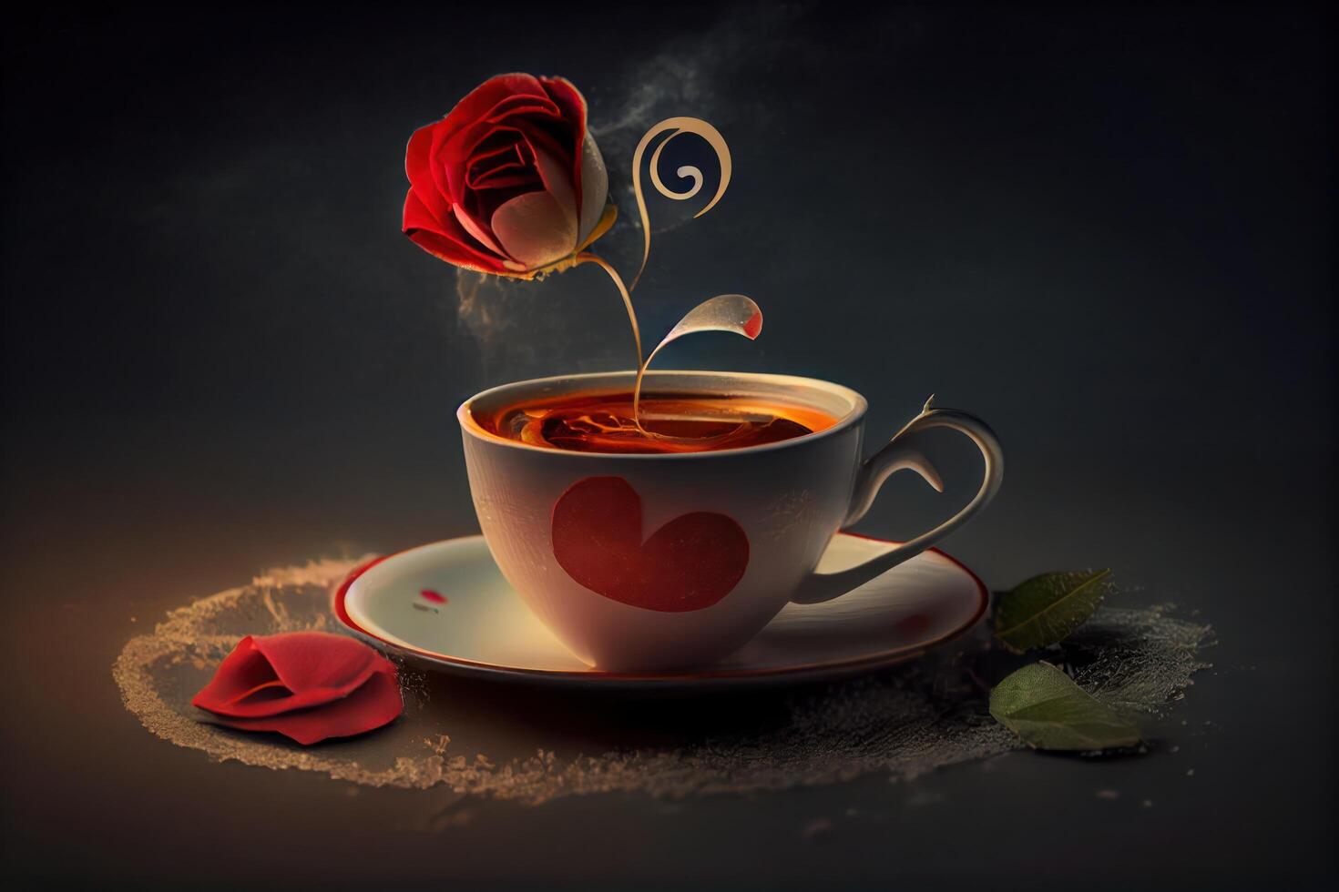 single red rose in a tea cup, with a tea bag shaped like a heart floating in the steaming tea . photo
