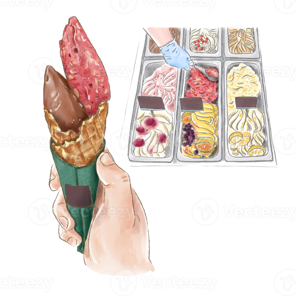 Watercolor Painting of Strawberry and Chocolate Gelato Served in a Cone png