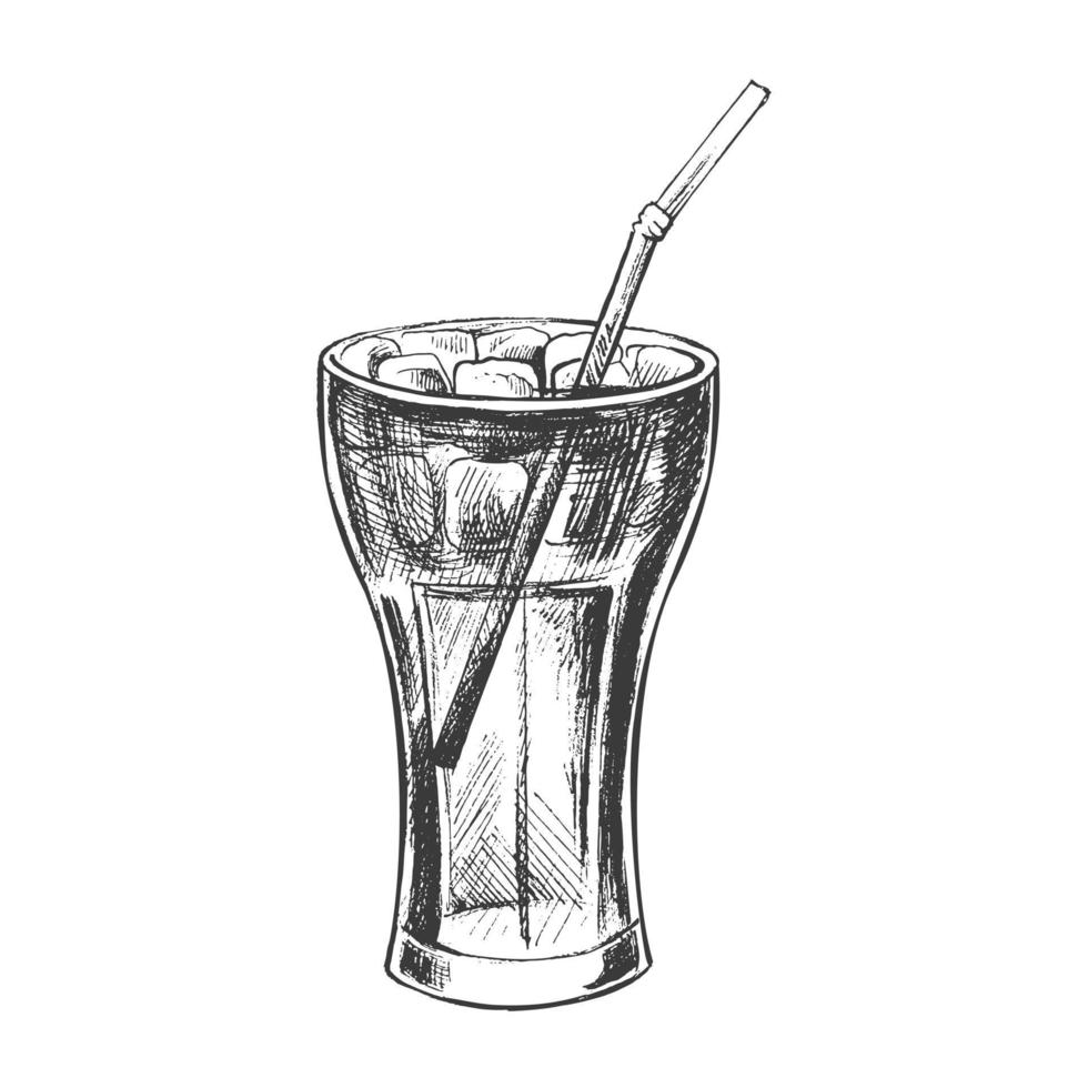Hand-drawn sketch of  cola glass  with ice  isolated on white background. Fast food vintage illustration. Element for the design of labels, packaging and postcards vector