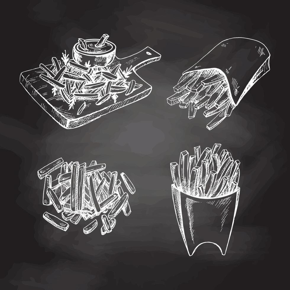 patata francés papas fritas calle comida rápida menú mano dibujado bosquejo aislado en pizarra antecedentes. Clásico ilustración. elemento para el diseño de etiquetas, embalaje y postales vector