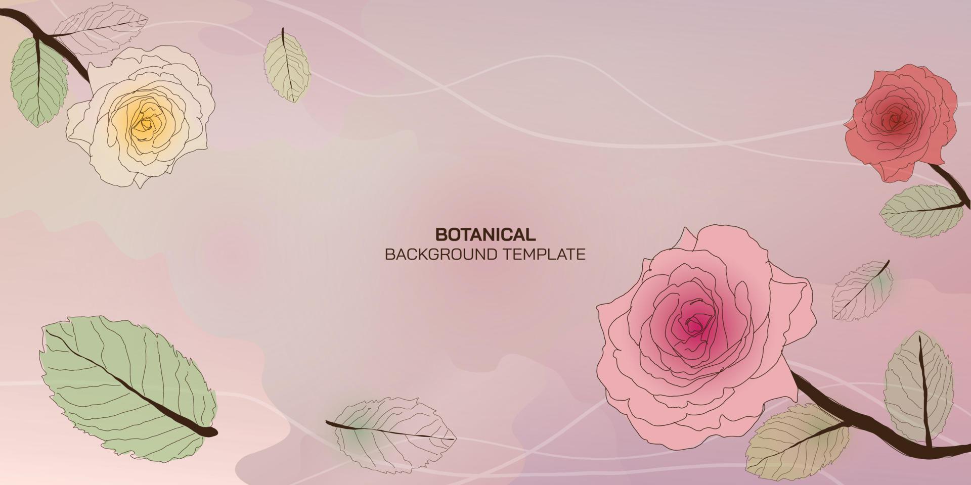 Roses childish style with abstract mixed pink and purple watercolor blended background. Botanical leaves and flowers doodle lines. Vector background for banner, poster, Web and packaging.