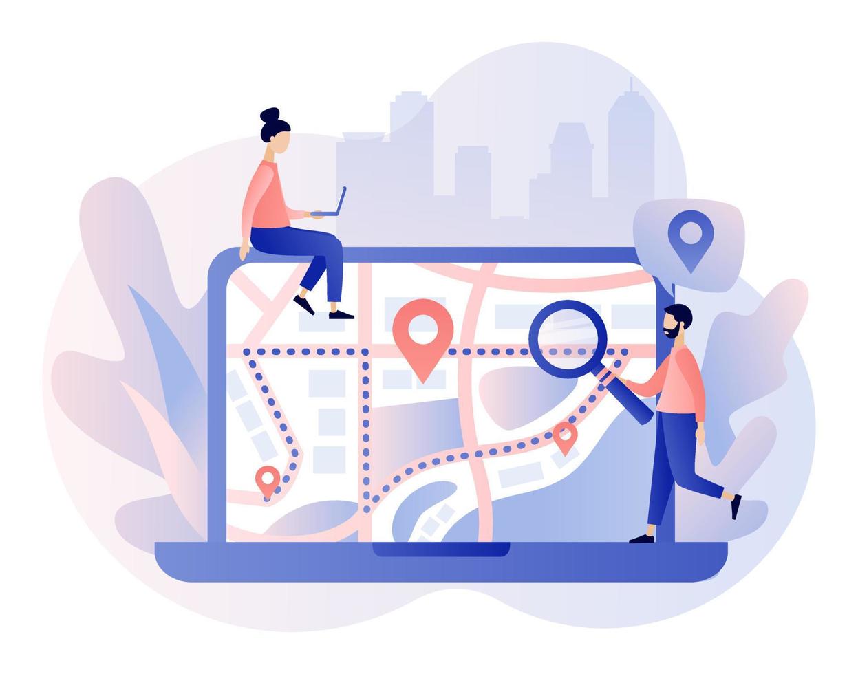 GPS navigation concept. Tiny people search on location. Online map. We have moved. Modern flat cartoon style. Vector illustration