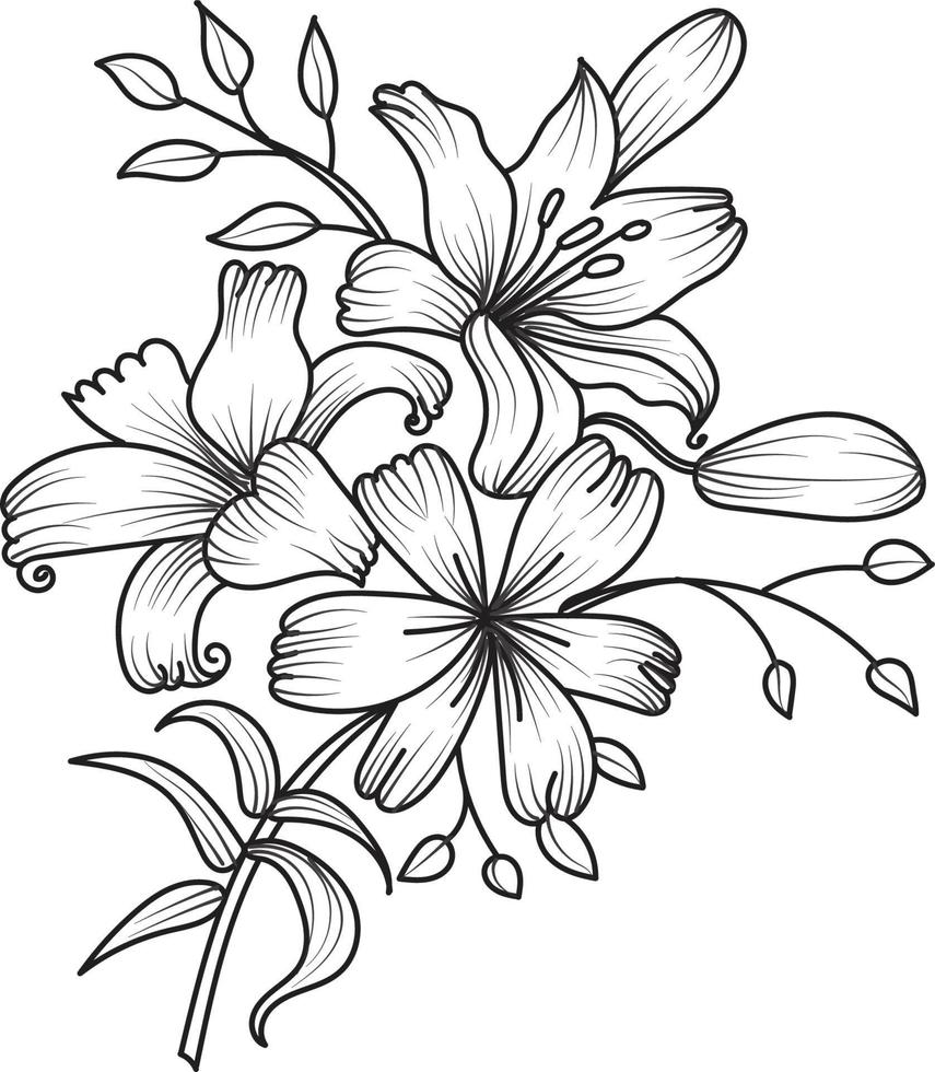 conjunto de diferentes flor línea en blanco antecedentes. flores dibujo con arte lineal en blanco antecedentes. vector