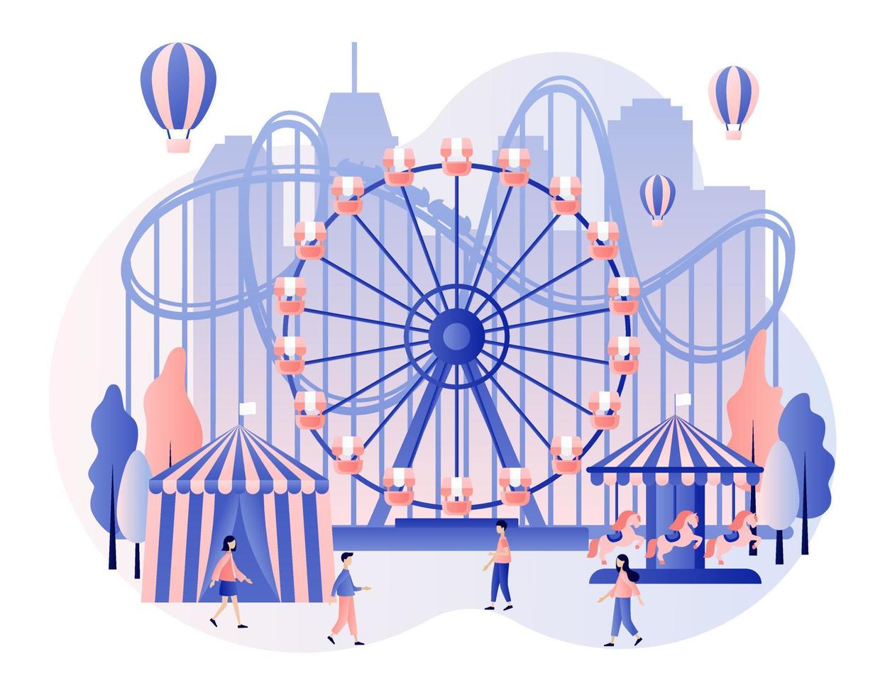 Amusement park concept. Tiny people with carousels, roller coaster, air balloon, circus, fun fair and carnival. Modern flat cartoon style. Vector illustration