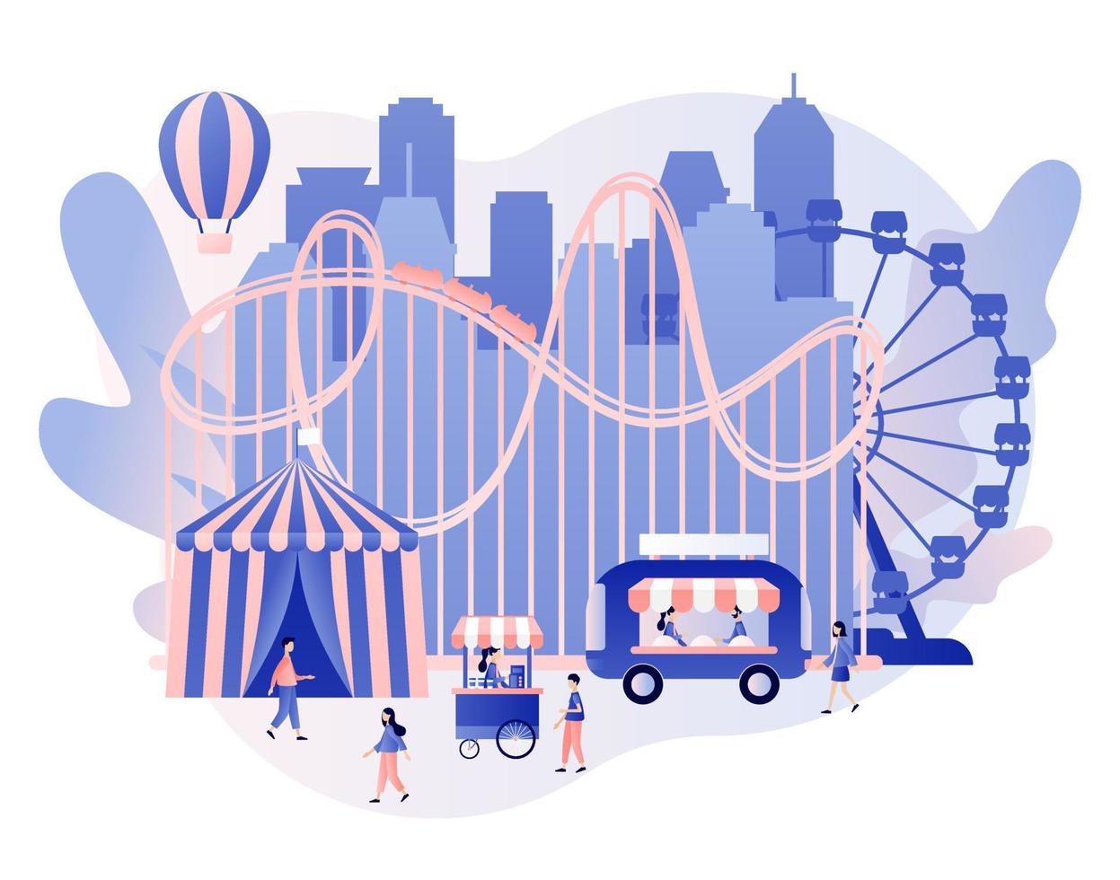 Amusement park concept. Tiny people with carousels, roller coaster, air balloon, circus, fun fair and carnival. Modern flat cartoon style. Vector illustration