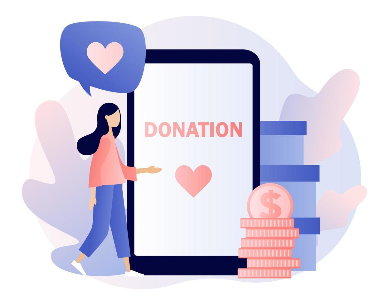 Donation and volunteers work concept. Girl help charity and sharing hope. Modern flat cartoon style. Vector illustration