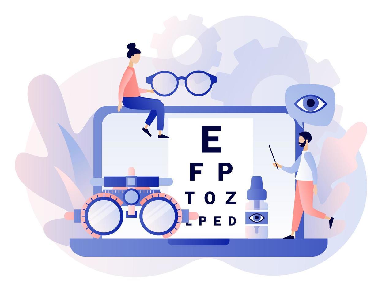 Ophthalmology concept. Eye check up. Ophthalmologist checks patient sight. Modern flat cartoon style. Vector illustration
