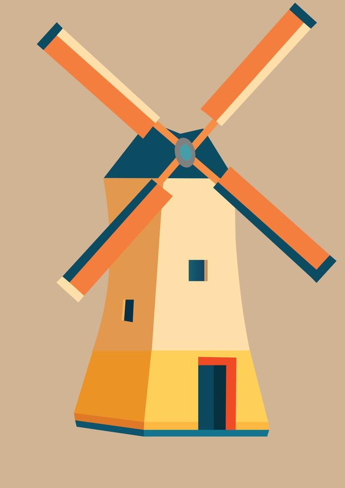 A drawing of a windmill with a red and yellow color vector