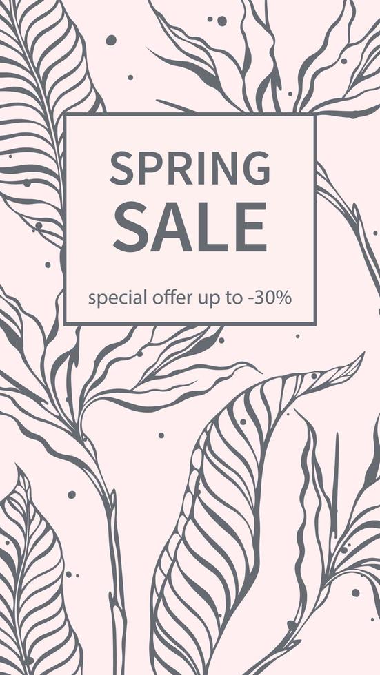 Trendy template spring sale for social networks stories with botany. Suitable for marketing promotions, stories, post and web internet ads. Vector illustration.