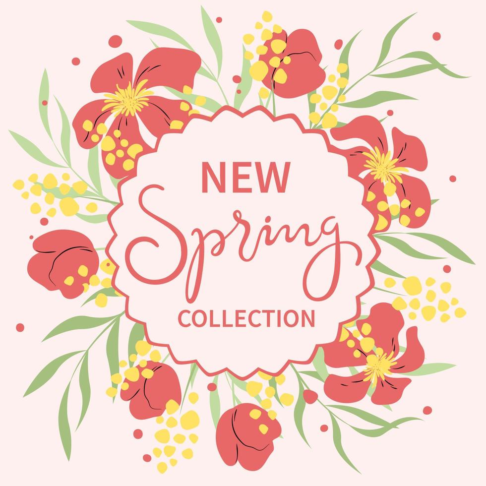 New Spring collection. Banner template for social networks with colotful flowers and lettering. Suitable for promotions, stories, post and internet ads. Vector illustration.