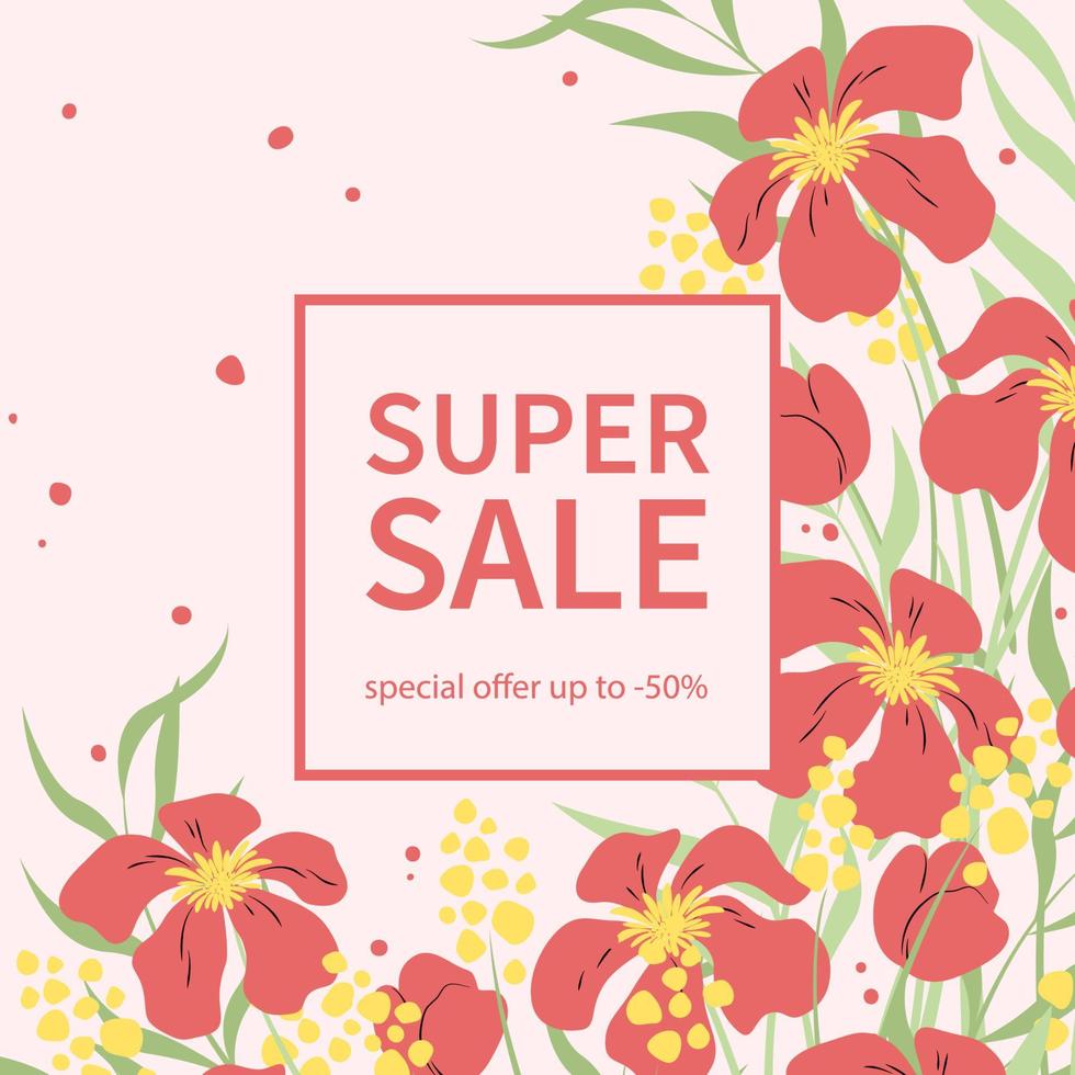 Spring sale banner template for social networks with colotful spring flowers. Vector illustration.