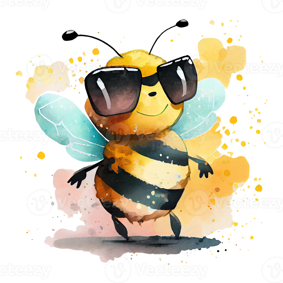 Watercolor cute bee, cool superstar cartoon insect character. Isolated transparent background. png