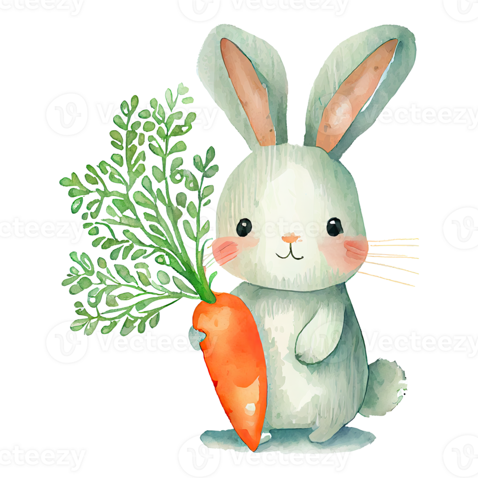 Watercolor cute bunny with carrot, cartoon animal character. Isolated transparent background. png