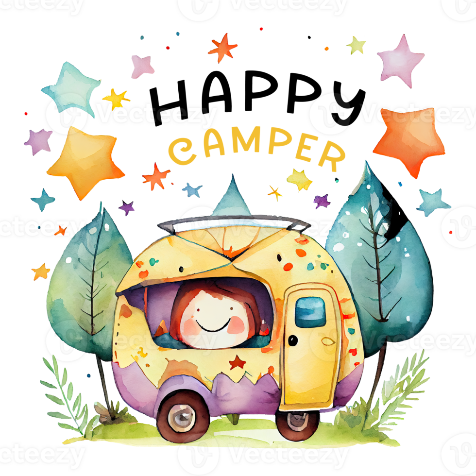 Watercolor colorful cute camper. Isolated transparent background. png