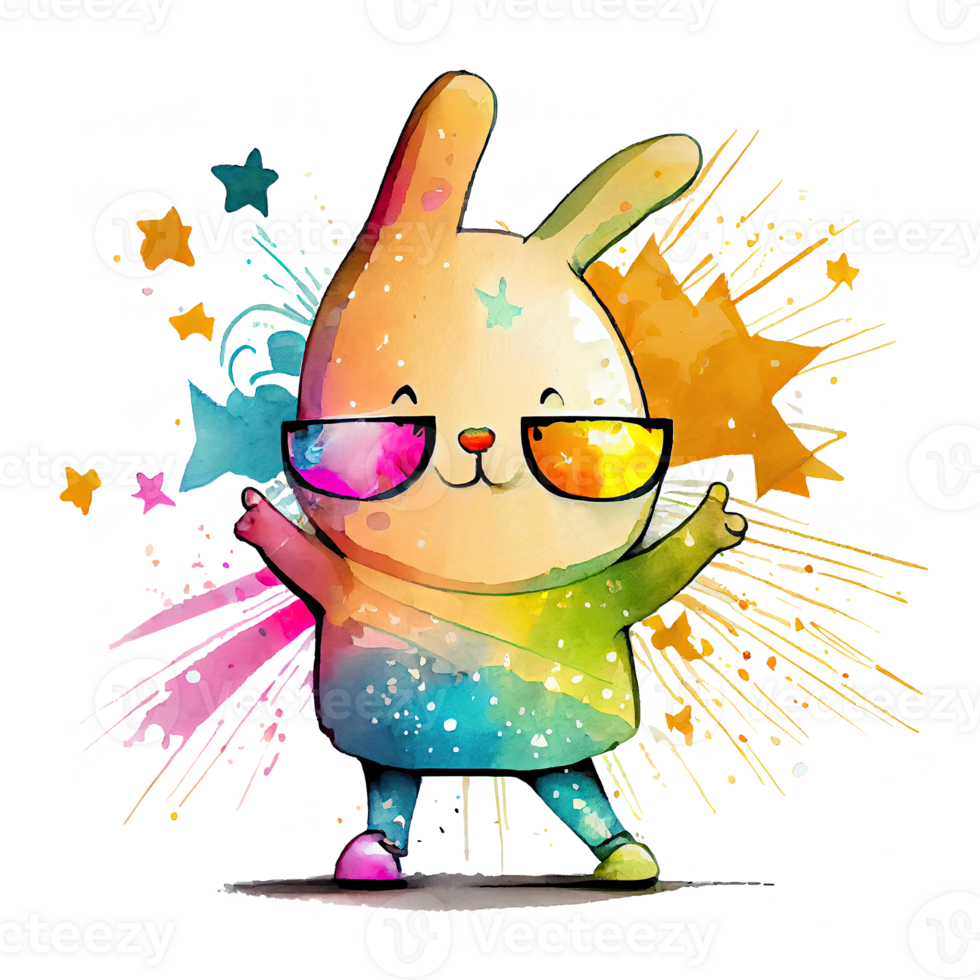 Watercolor cute bunny, cool superstar cartoon animal character. Isolated transparent background. png