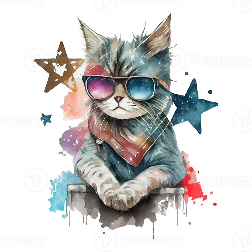 Watercolor cute cat, cool superstar cartoon animal character. Isolated transparent background. png