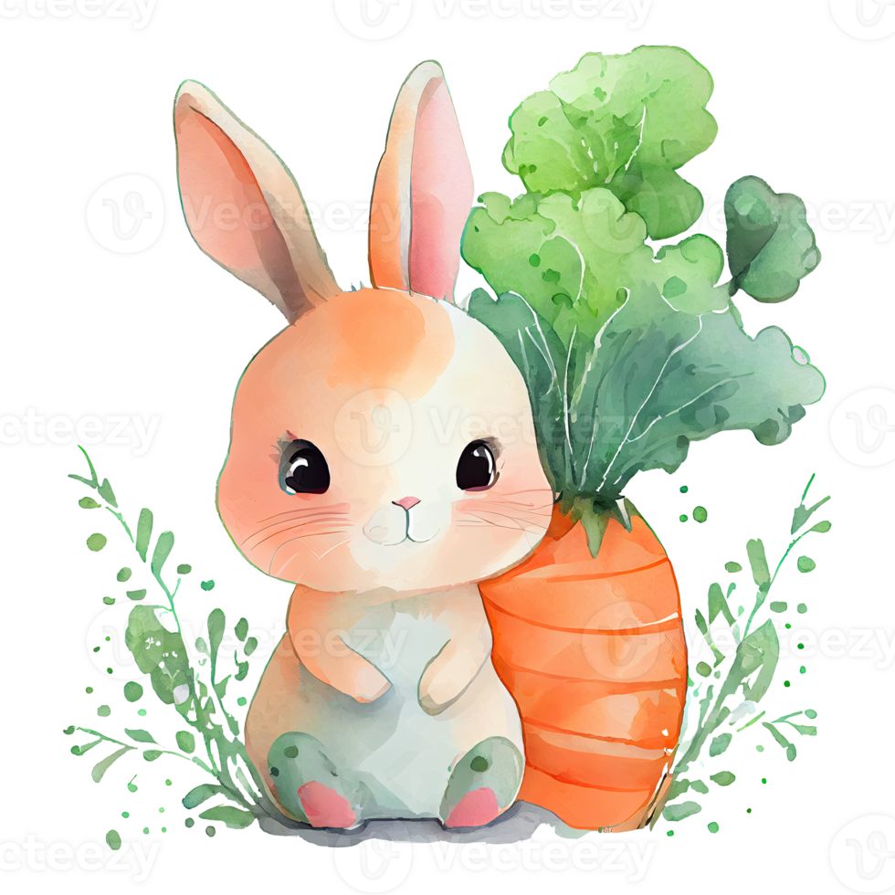 Watercolor cute bunny with carrot, cartoon animal character. Isolated transparent background. png