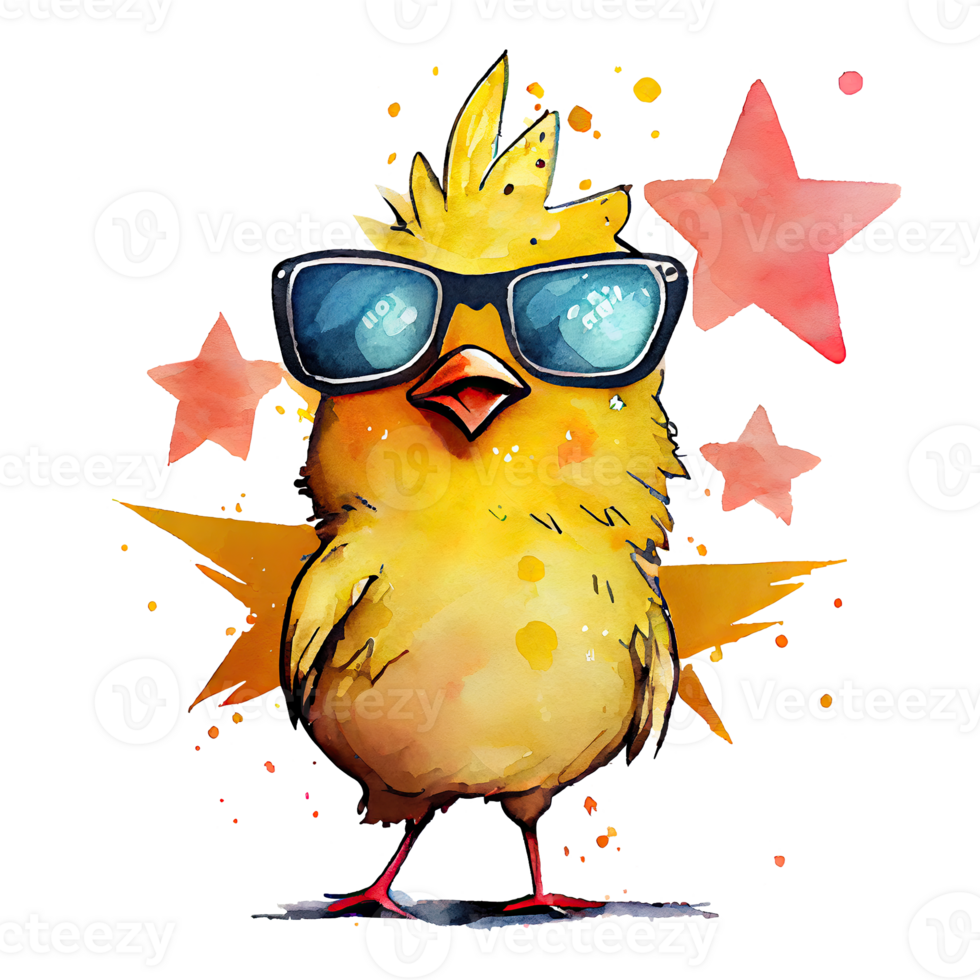 Watercolor cute chick, cool superstar cartoon animal, bird character. Isolated transparent background. png